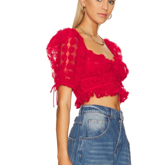 For Love & Lemons Hannah Crop Top in Red BEST SELLER rosette design NEW XXS - Picture 2 of 4